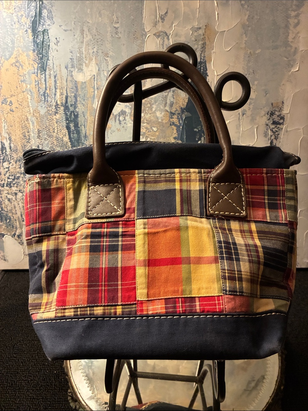 Vintage L L Bean Patchwork Plaid Madras Tote Bag in Multicolor